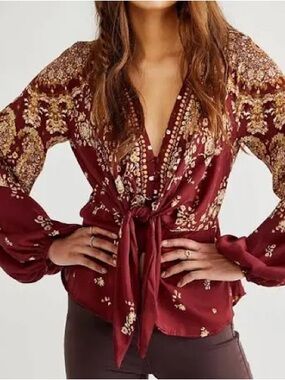 FREE PEOPLE Run Free Blouse Maroon Deep V-Neck Tie Front Silky Top Shirt L Boho